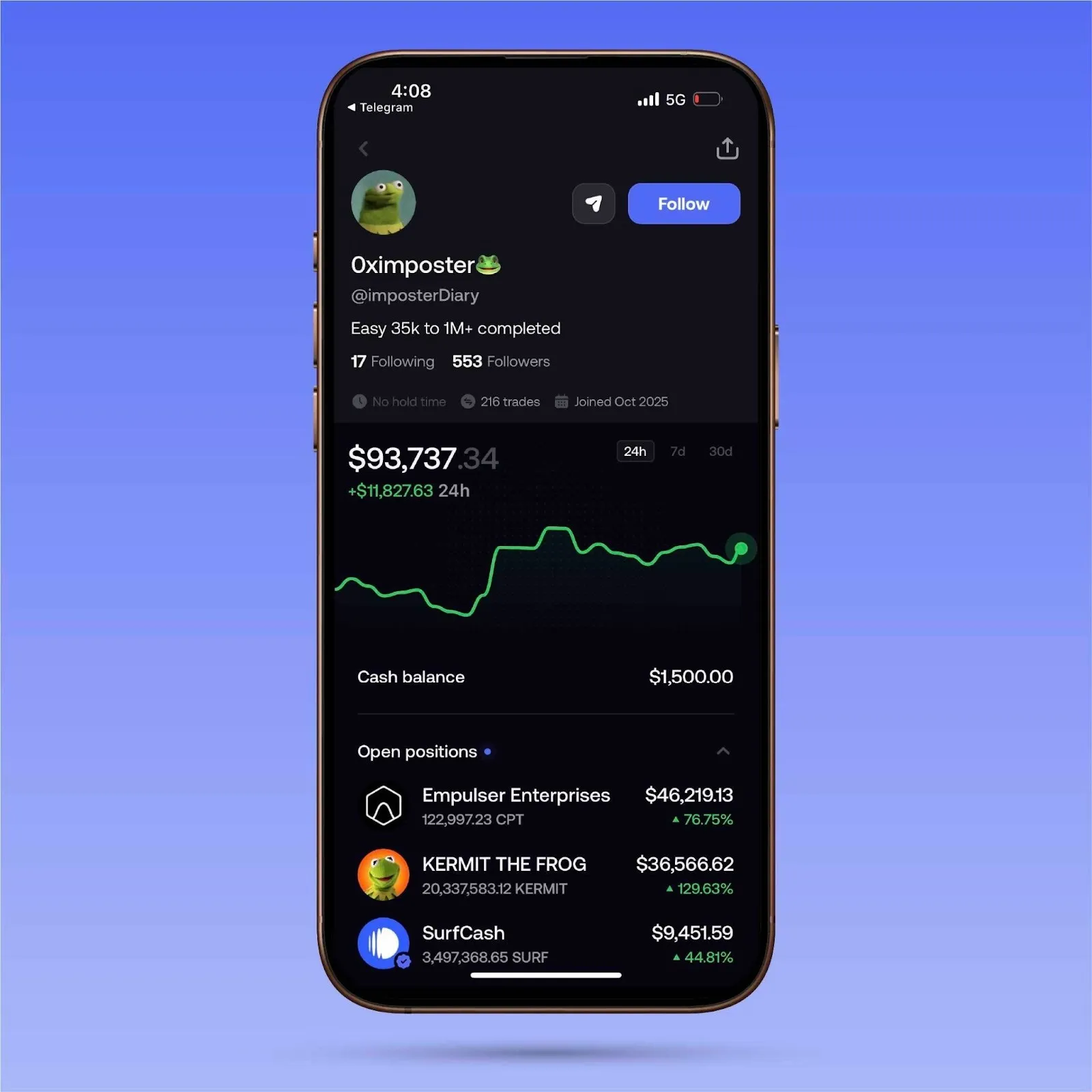 Phone showing a rising crypto chart in the fomo trading app
